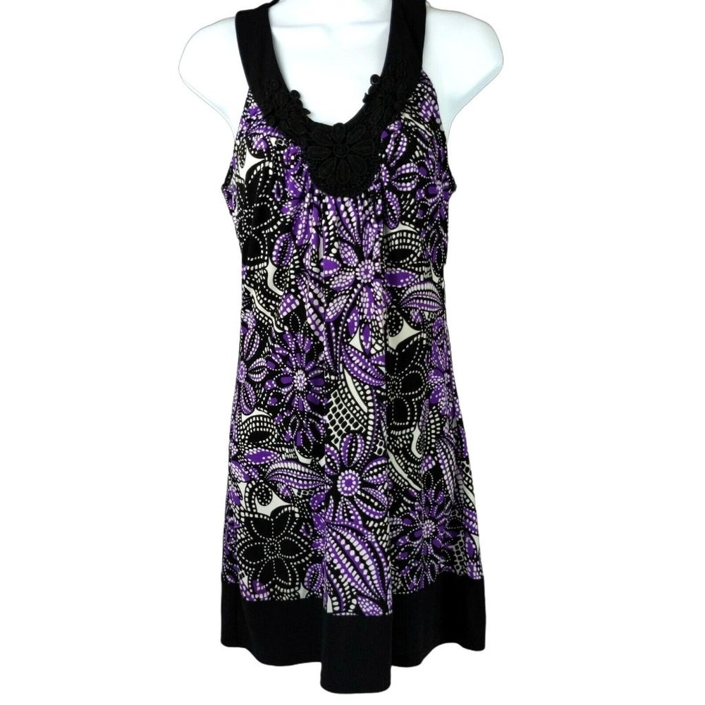 Wrapper Mini Dress Black Purple Floral Embroidered Sleeveless Jersey Sz XS